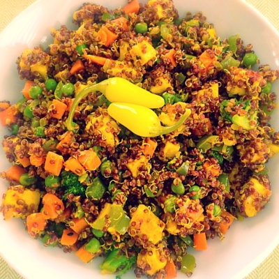 Close up view of red quinoa & asian paneer fusion