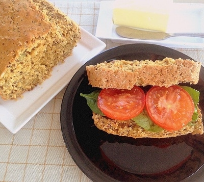 Red Quinoa Oatmeal Bread in a sandwich style