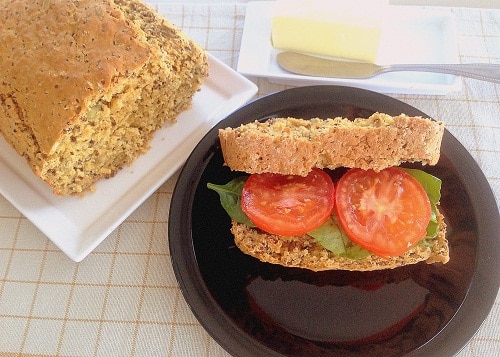 Red Quinoa Oatmeal Bread in a sandwich style