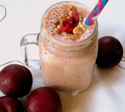 A close up view of velvet apricot oatmeal smoothie