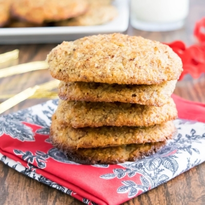 A close view of the stack of Banana Hazelnut Cookies