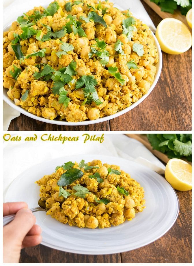 Multiple images of oats and chickpeas pilaf