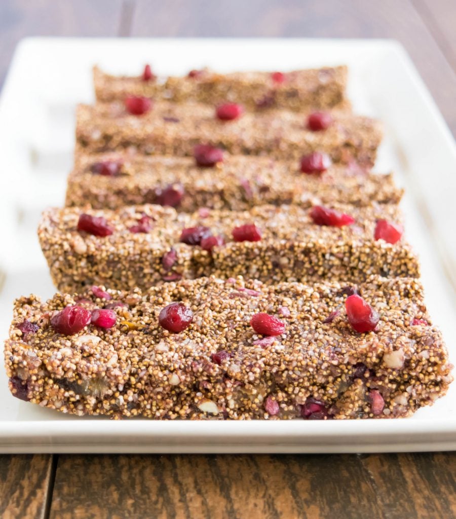 puffed amaranth pomegranate bars in a serving a tray