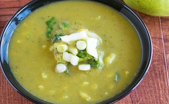 A close up view of detox pear bok choy soup