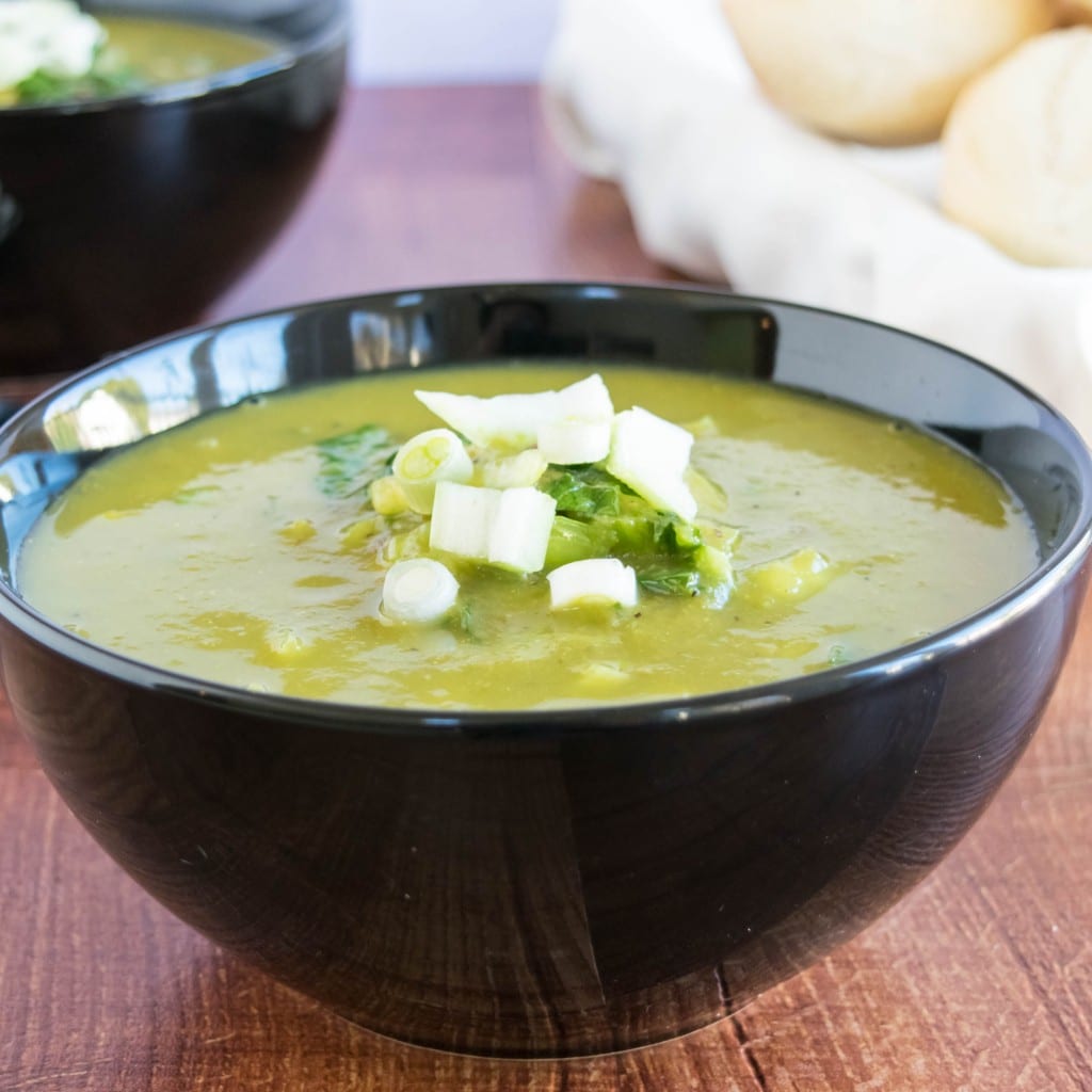 A front view of the soup in a serving bowl with 