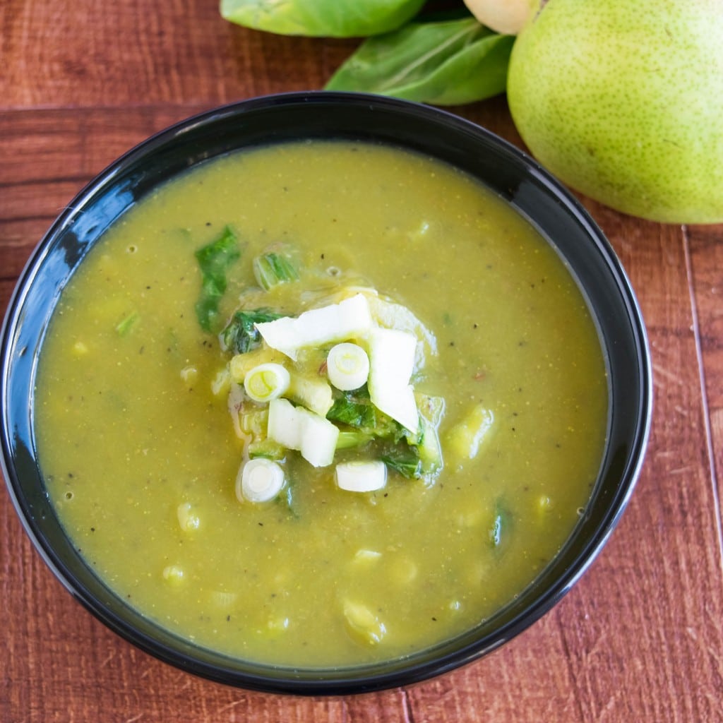 A close up top view of detox pear bok choy soup