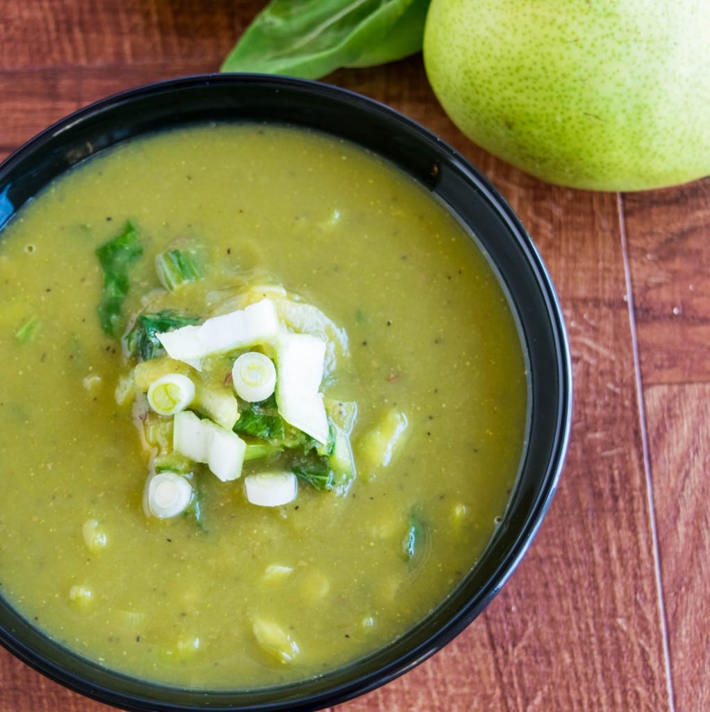 Top view of detox pear bok choy soup