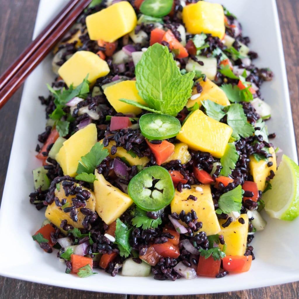 A top 45 degree angle view of black rice mango salad