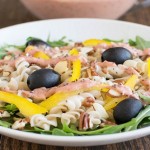 A front view of Arugula Pasta Rhubarb Chia Salad