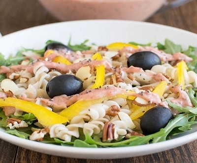 A front view of Arugula Pasta Rhubarb Chia Salad