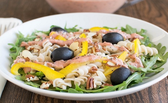 A front view of Arugula Pasta Rhubarb Chia Salad