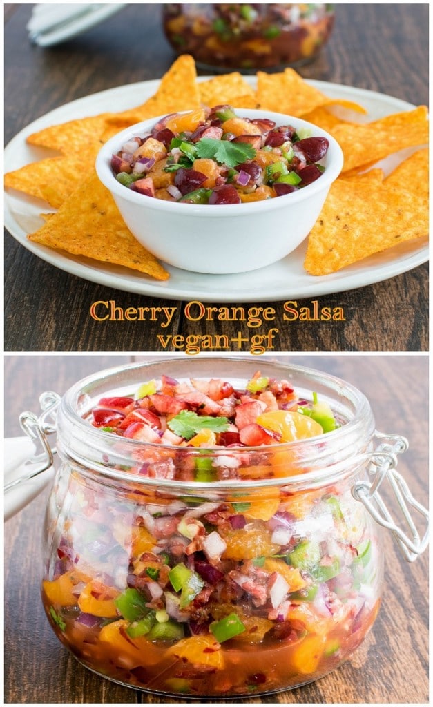 Multiple images of cherry orange salsa