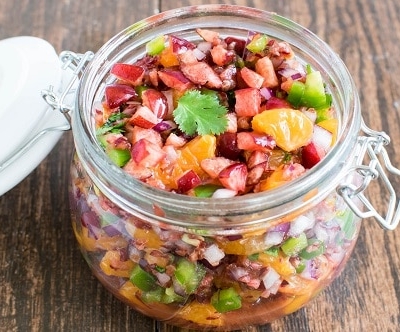 45 degree angle view of Cherry Orange Salsa