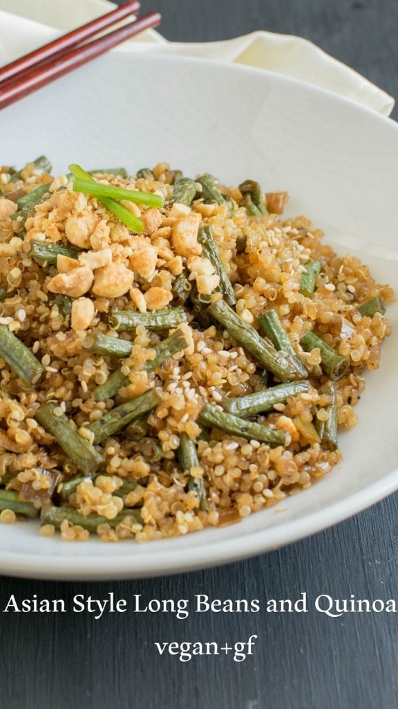 a close up view of asian style long beans and quinoa