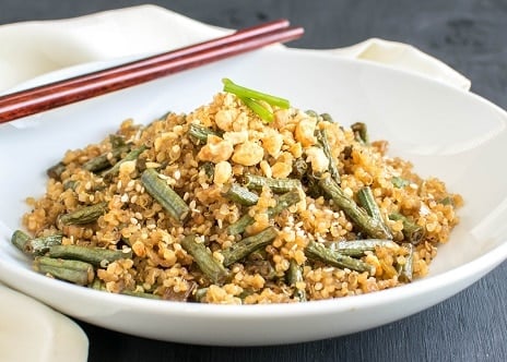 a front view of asian style long beans and quinoa