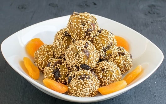 A front view of the stack of No Bake Apricot Quinoa Bites