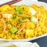 full view of yellow curry veggie quinoa with tofu