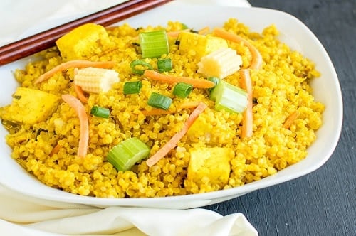 full view of yellow curry veggie quinoa with tofu