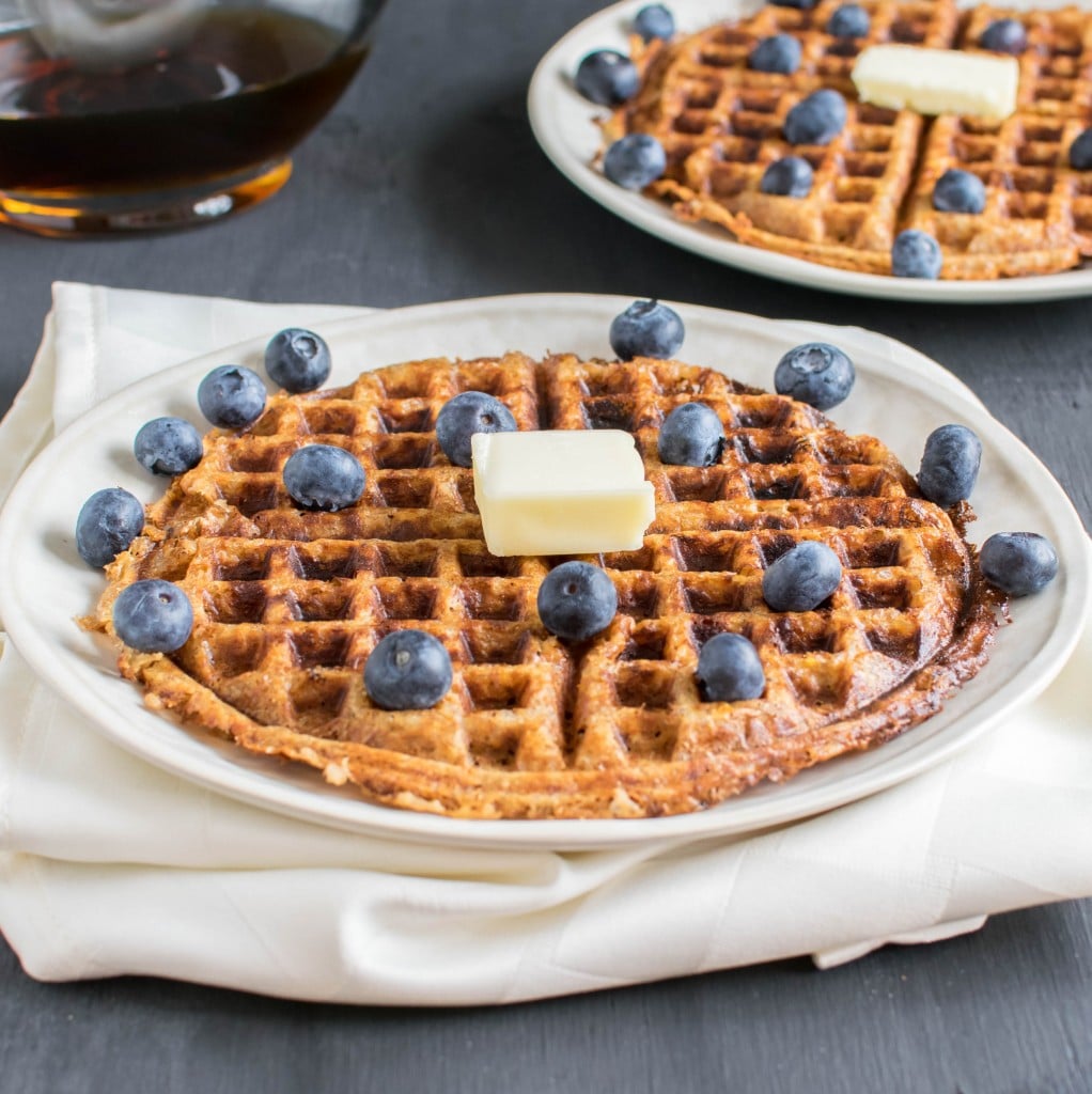 a front view of the whole peanut butter bulgur waffles served.