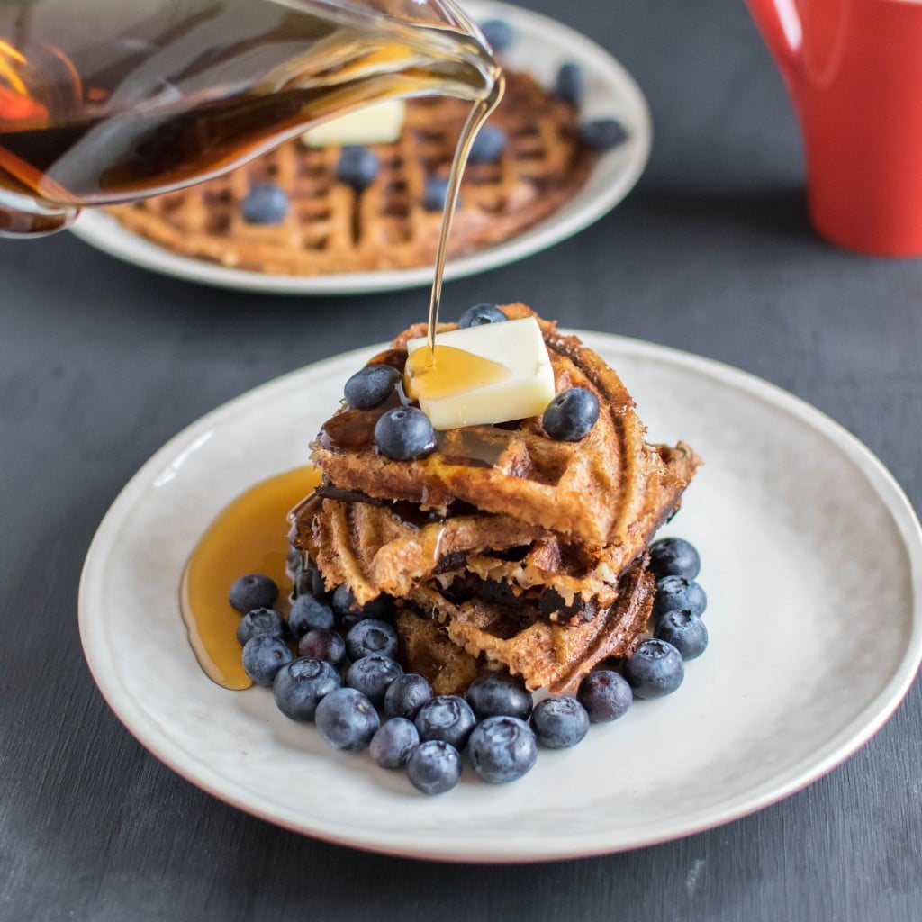 stacked peanut butter bulgur waffles