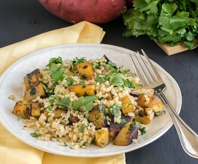 A front full view of Cajun Spiced Sweet Potato Cilantro Pilaf