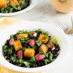 A 45 degree angle view of Cajun Butternut Squash Black Rice Salad