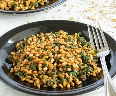 a front view of plated masala spinach farro