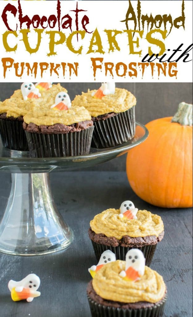 Chocolate Almond Cupcakes with Pumpkin Frosting served with the Halloween decoration