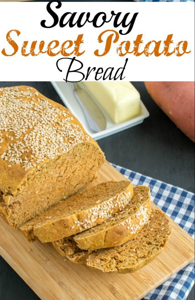 Sliced Savory sweet Potato Bread on a wooden board