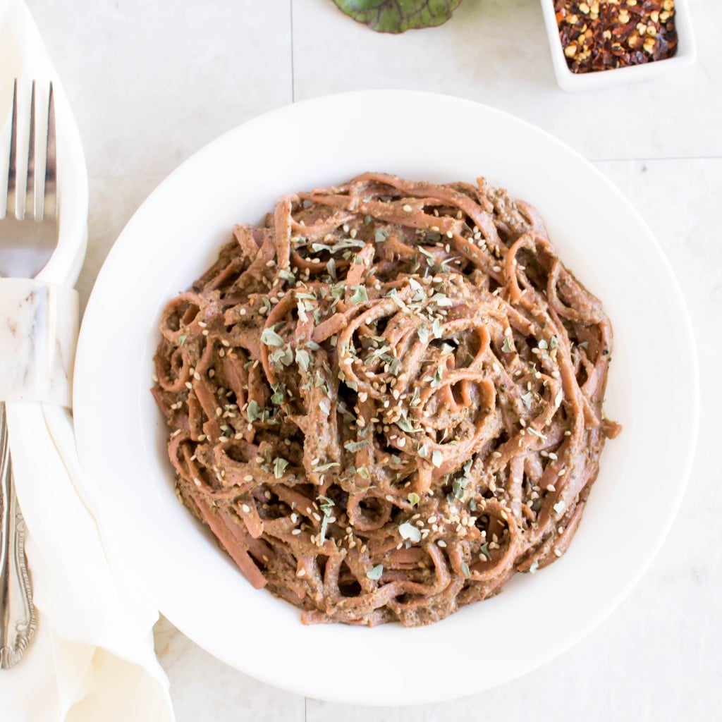 Top view of Vegan Red Chard Fettuccine