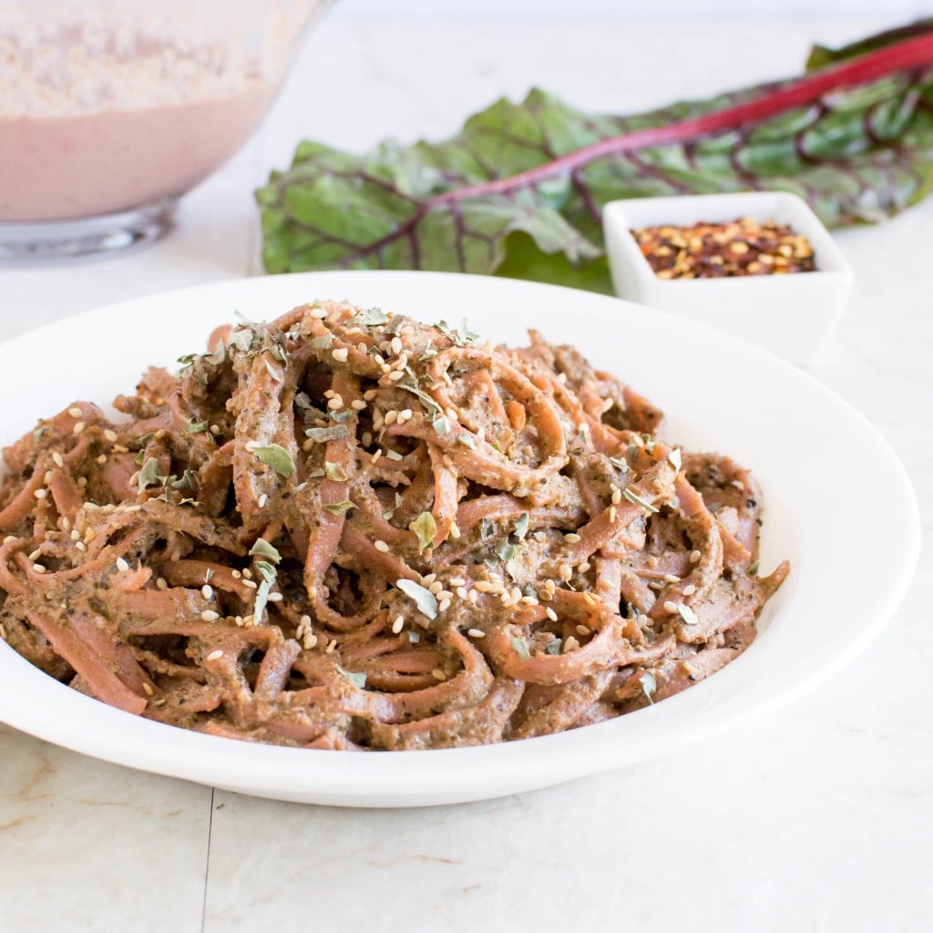 A 45 degree angle view of Vegan Red Chard Fettuccine 