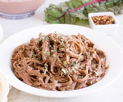 A front view of Vegan Red Chard Fettuccine