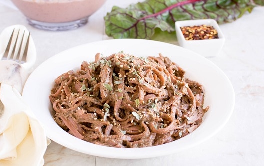 A front view of Vegan Red Chard Fettuccine