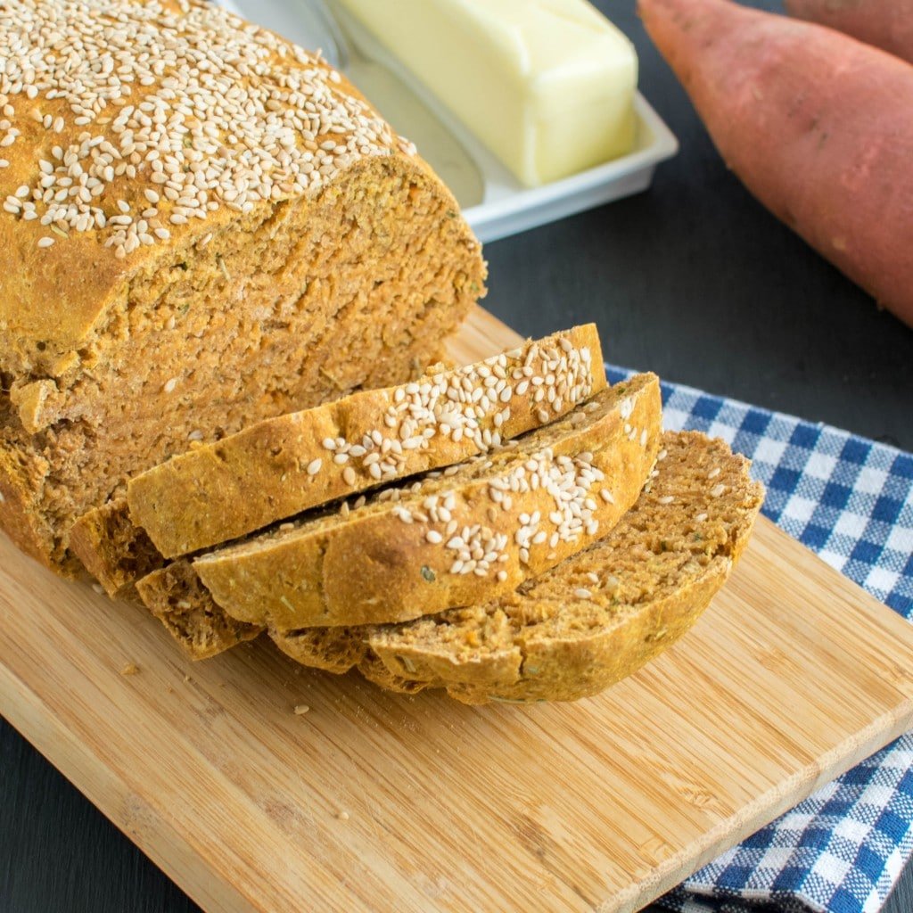 Top view of sliced Savory sweet Potato Bread