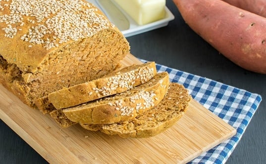 A close view of the slices of savory sweet potato bread