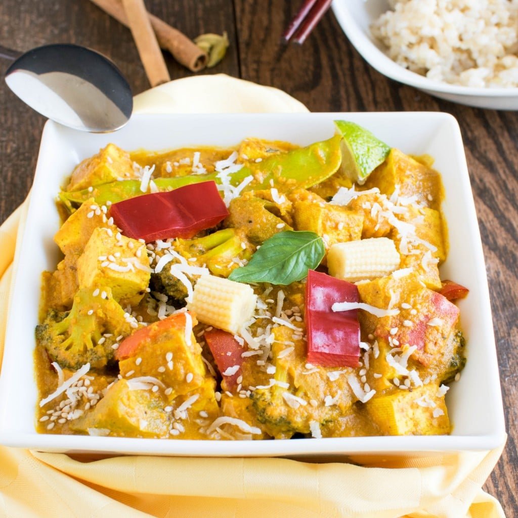 A 45 degree angle view of Asian Tofu Curry