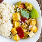 A serving plate with Asian tofu curry and brown rice