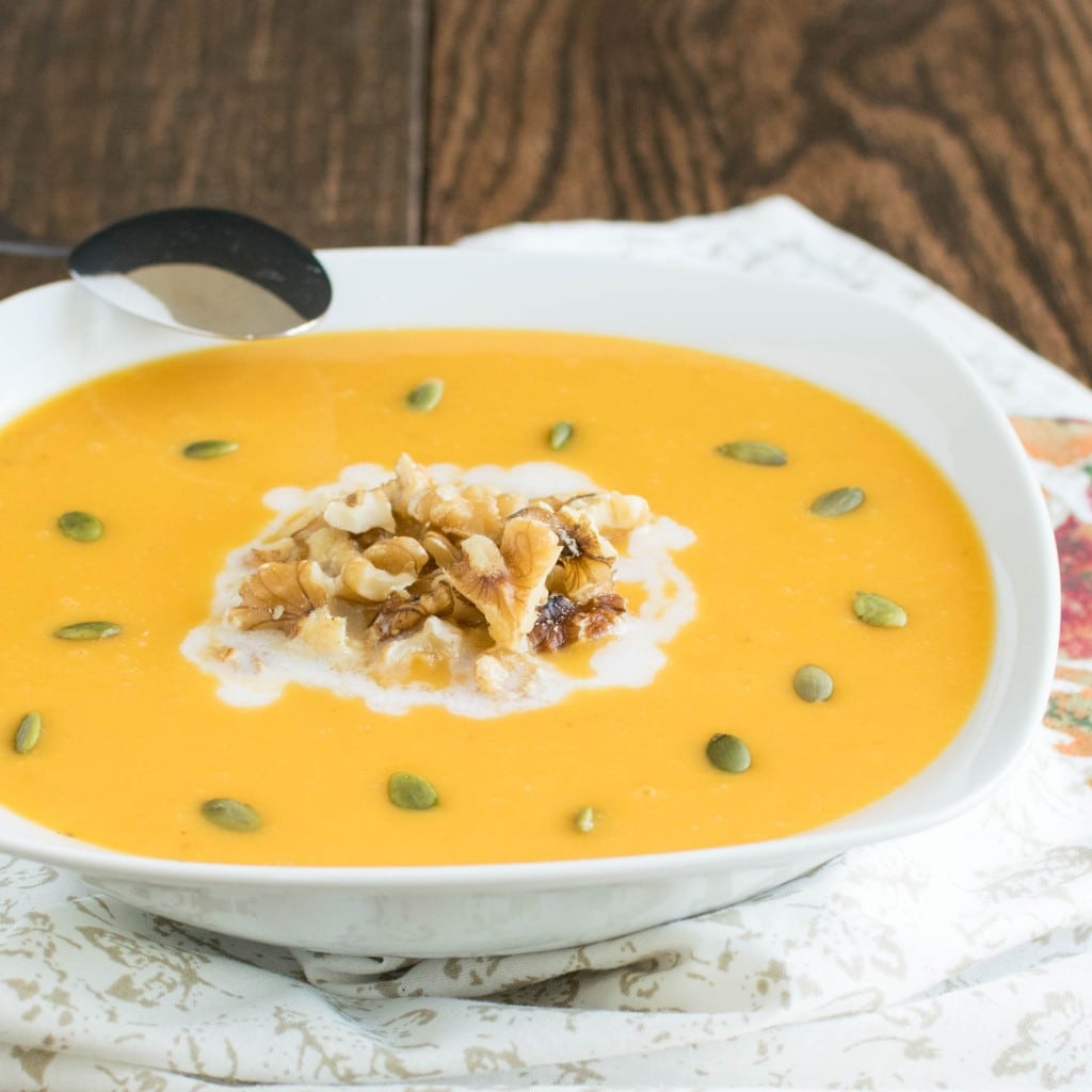 A close up view of Butternut Squash and Sweet Potato Soup 