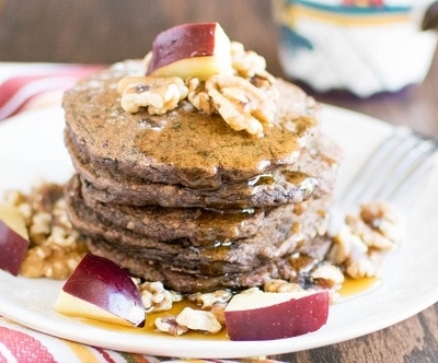 a front view of stacked red chard pancakes.