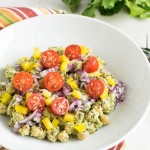 a close up view of chickpeas salad in cilantro dip