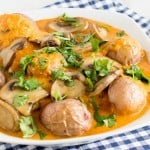 A front view of Red Potato Mushroom Curry in a serving bowl