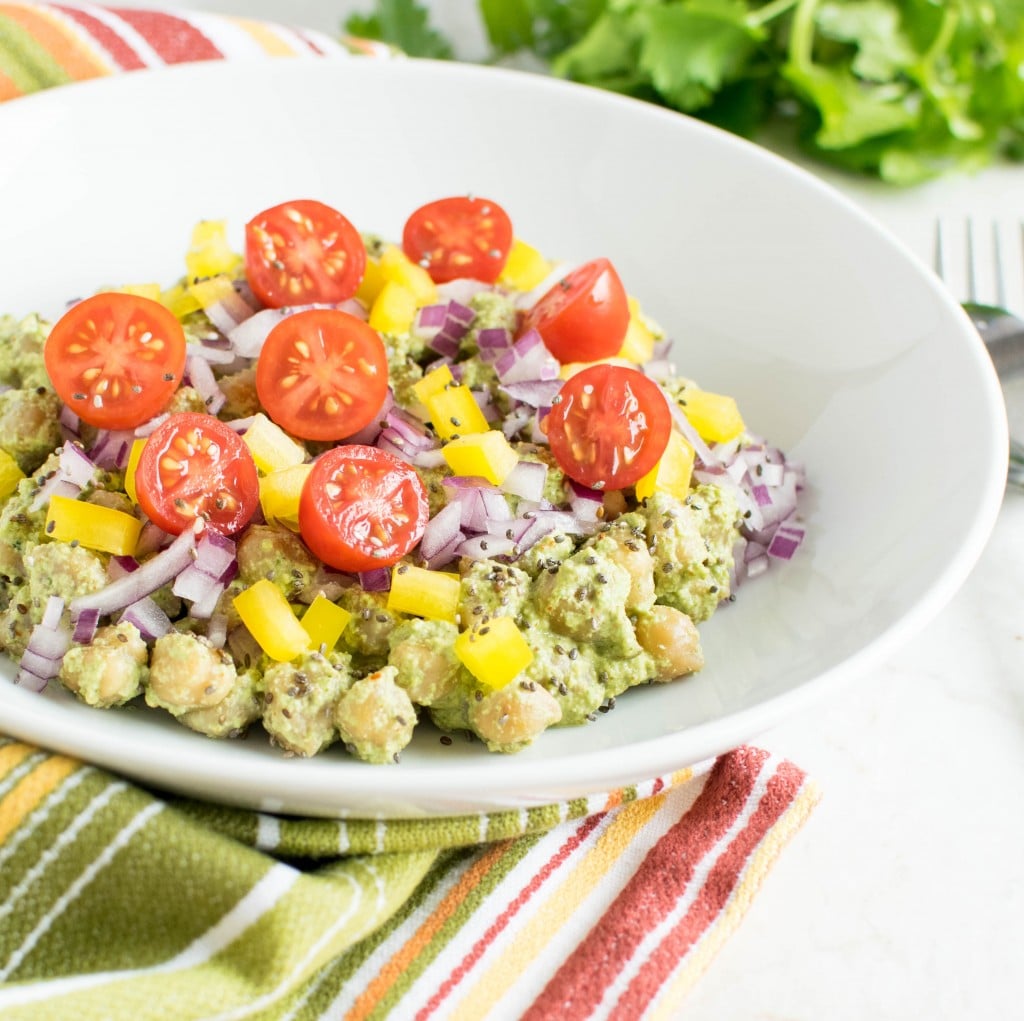 a front view of chickpeas salad in cilantro dip