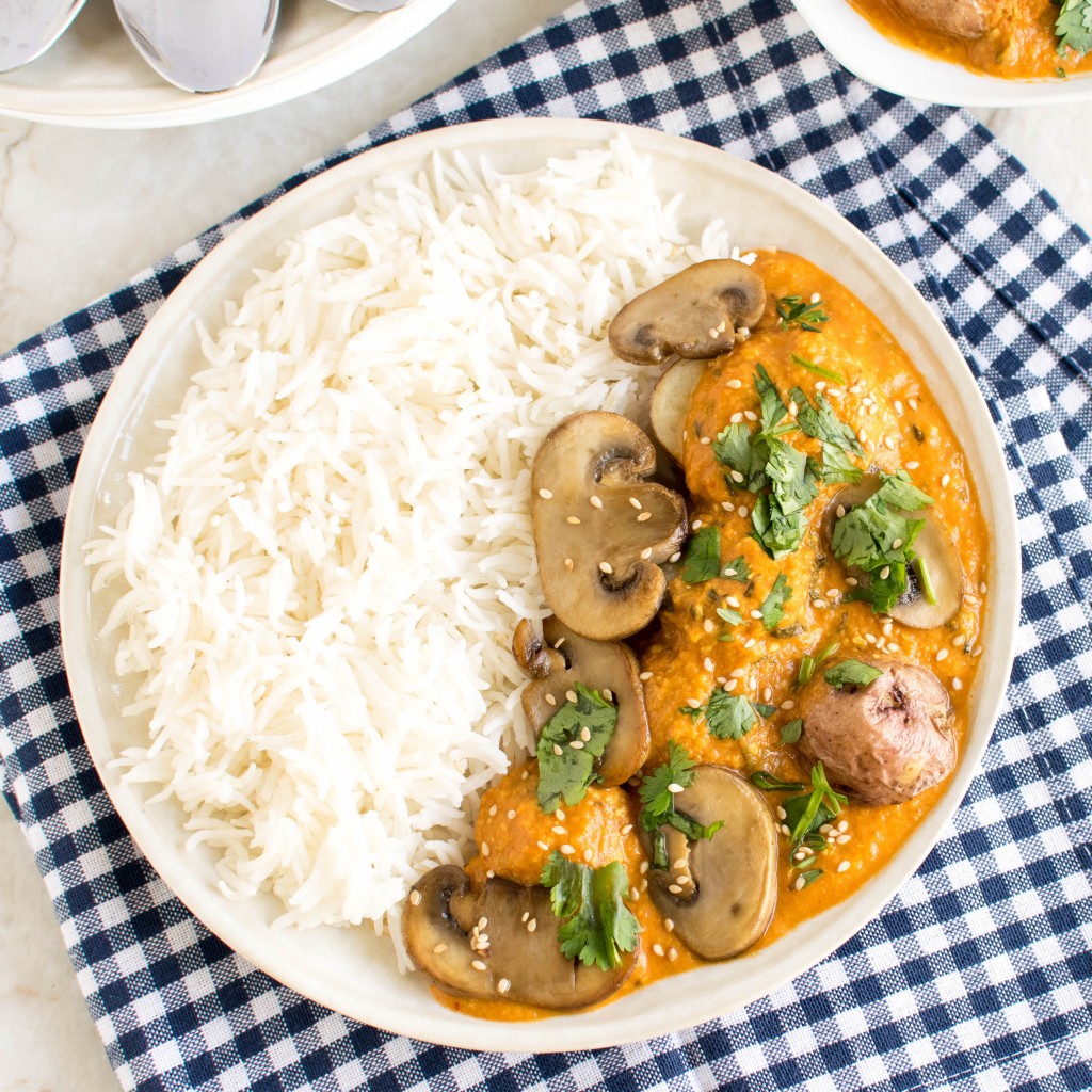 Top view of Red Potato Mushroom Curry