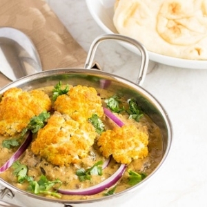 a 45 degree angle view of roasted cauliflower curry