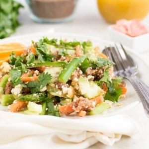 a front view of teff tofu salad