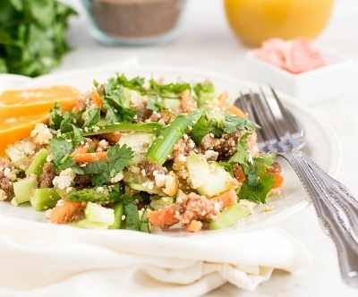 a front view of teff tofu salad