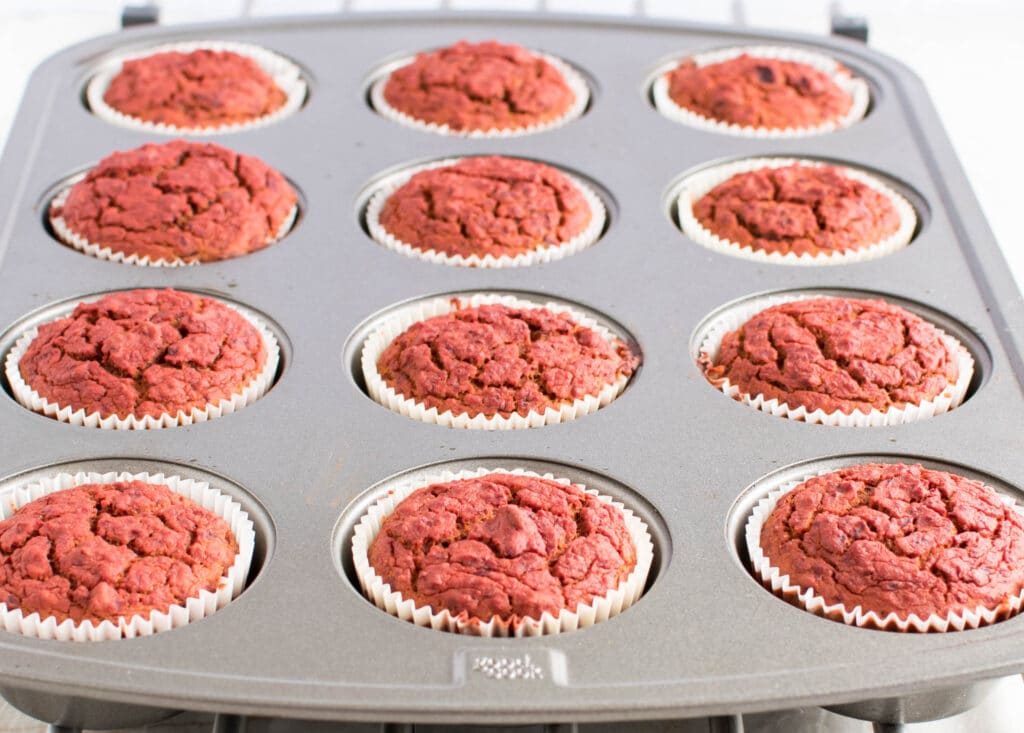 fresh baked beetroot muffins in the tray.