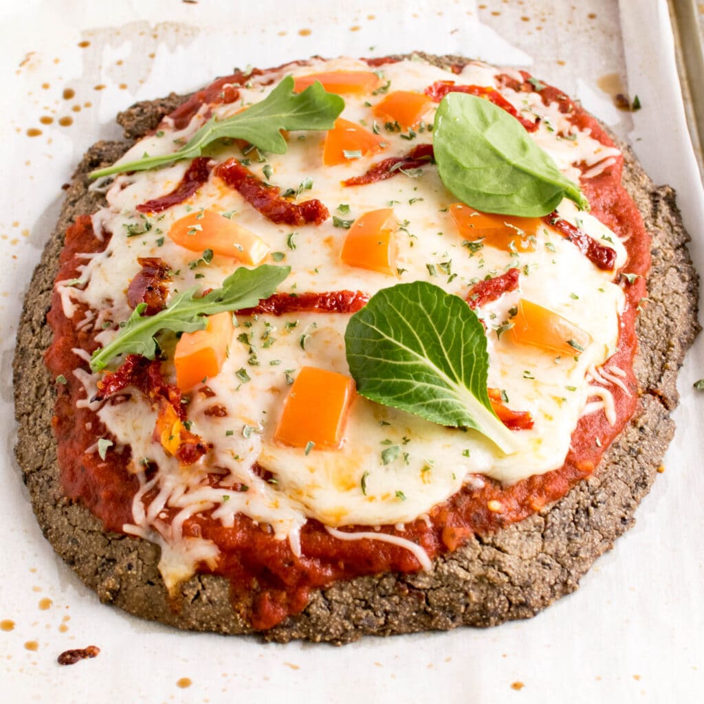 Top view of black beans crust pizza