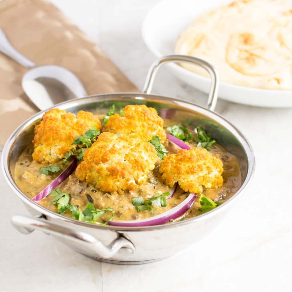 a front view of roasted cauliflower curry