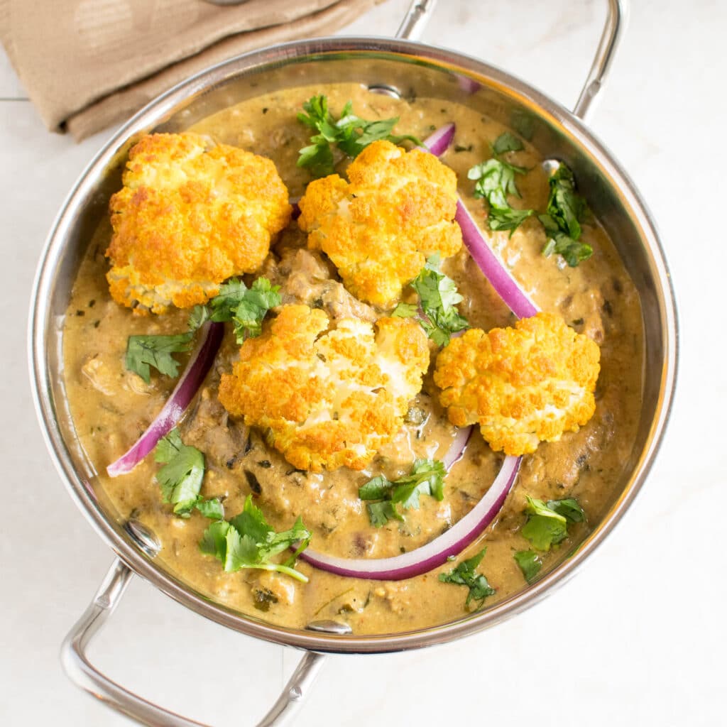 top view of roasted cauliflower curry